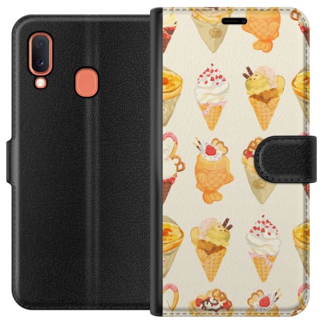 Lompakkokotelo Samsung Galaxy A20e-laitteelle, jossa on Lasinen kuvio