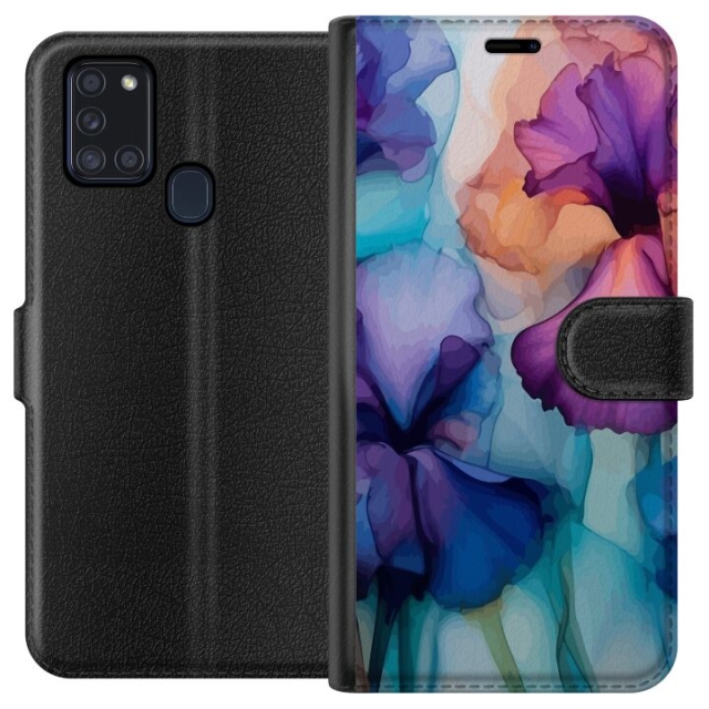 Lompakkokotelo Samsung Galaxy A21s-laitteelle, jossa on Maagiset kukat kuvio