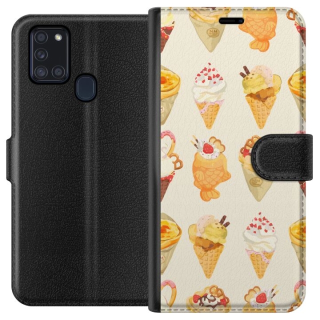 Lompakkokotelo Samsung Galaxy A21s-laitteelle, jossa on Lasinen kuvio