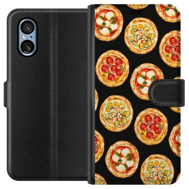 Lompakkokotelo Sony Xperia 5 V-laitteelle, jossa on Pizza kuvio