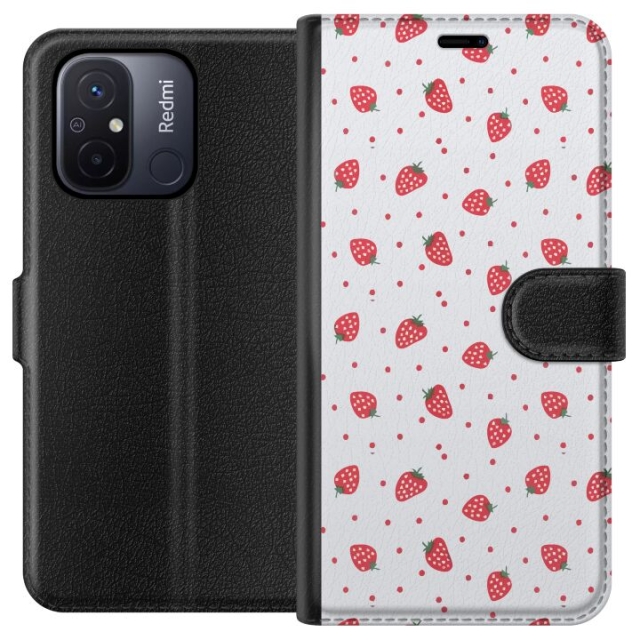 Lompakkokotelo Xiaomi Redmi 12C-laitteelle, jossa on Mansikat kuvio