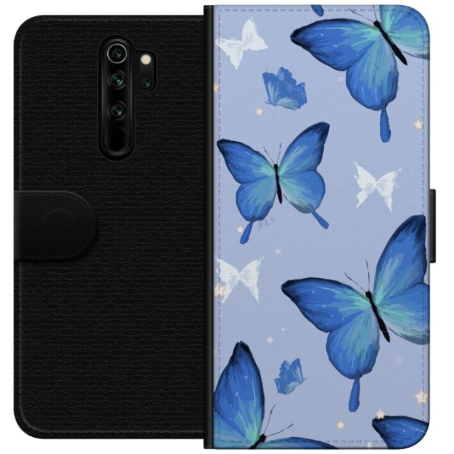 Lompakkokotelo Xiaomi Redmi Note 8 Pro -laitteelle, jossa on Sinisiä perhosia kuvio