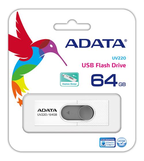 ADATA UV220 USB-muisti, 64GB, USB 2.0, valkoinen/harmaa