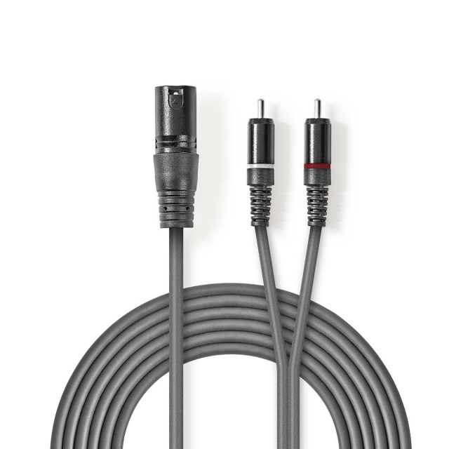 Nedis Balansoitu Audiojohto | XLR 3-Pin uros | 2x RCA uros | Niklattu | 3.00 m | Pyöreä | PVC | Tummanharmaa | Pahvikotelo
