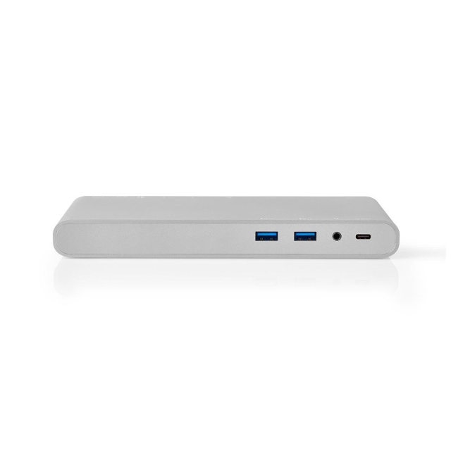 Nedis USB Telakointiasema | USB 3.2 Gen 1 | USB-C™ Uros | DisplayPort Naaras / HDMI™ Ulostulo / RJ45 Naaras / VGA Naaras / 2x 3.5 mm naaras / 2x USB-C™ / 4x USB-A | 0.20 m | Pyöreä | Niklattu | Nailon / Punottu | Valkoinen | Ikkunallinen laatikko ja koukk