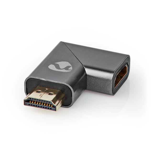Nedis HDMI™ -sovitin | HDMI™ liitin / HDMI™ uros | HDMI™ Ulostulo | Kullattu | Kulma oikealle | Alumiini | Gun Metal Harmaa | 1 kpl | Laatikko kannella ja ikkunalla