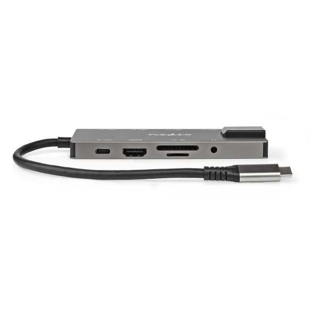 Nedis USB N Moniporttisovitin | 10-in-1 | USB 3.2 Gen 1 | USB-C™ Uros | HDMI™ Ulostulo / RJ45 Naaras / SD / 2x USB-C™ / 3.5 mm naaras / 3x USB-A Naaras | 5 Gbps | 0.20 m | Pyöreä | Kullattu | PVC | Antrasiitti | Laatikko