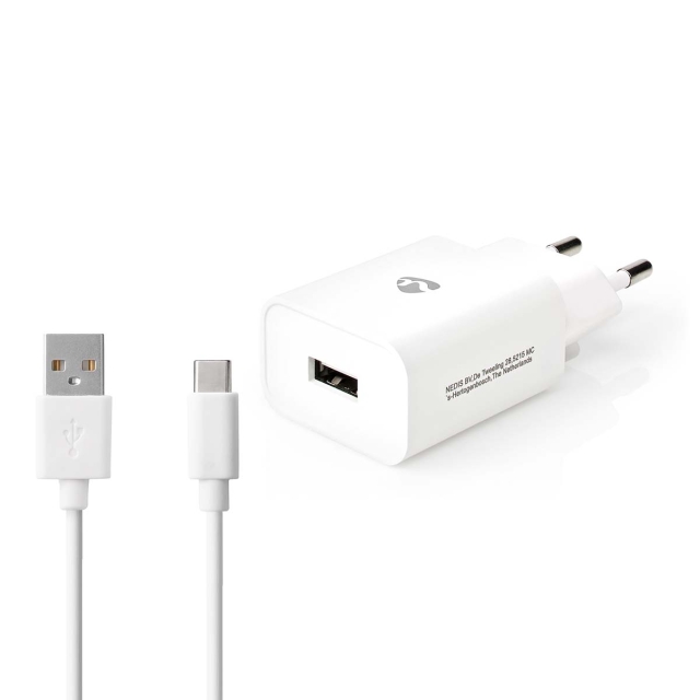 Nedis Seinälaturi | 12 W | Pikalataus-toiminto | 1x 2.4 A A | Lähtöliitäntöjen määrä: 1 | USB-A | USB Type-C™ (irrallinen) Kaapeli | 1.00 m | Single Voltage Output | Valkoinen