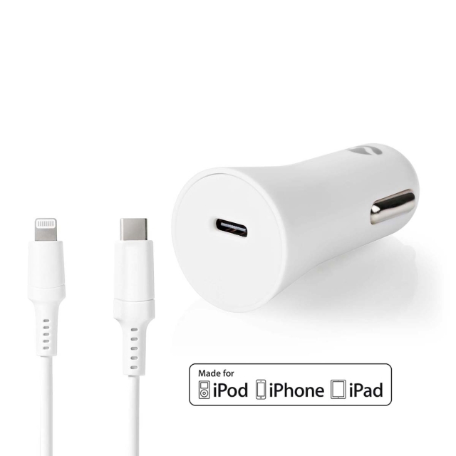 Nedis Autolaturi | 20 W | 1.67 / 2.22 / 3.0 A | Lähtöliitäntöjen määrä: 1 | Portin tyyppi: USB-C™ | Lightning 8-Pin (irrallinen) Kaapeli | 1.00 m | Automaattinen Jännitteen Valinta