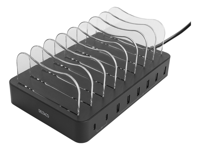 DELTACO USB-latausasema, 6x USB-A, 2x USB-C PD 75W, musta
