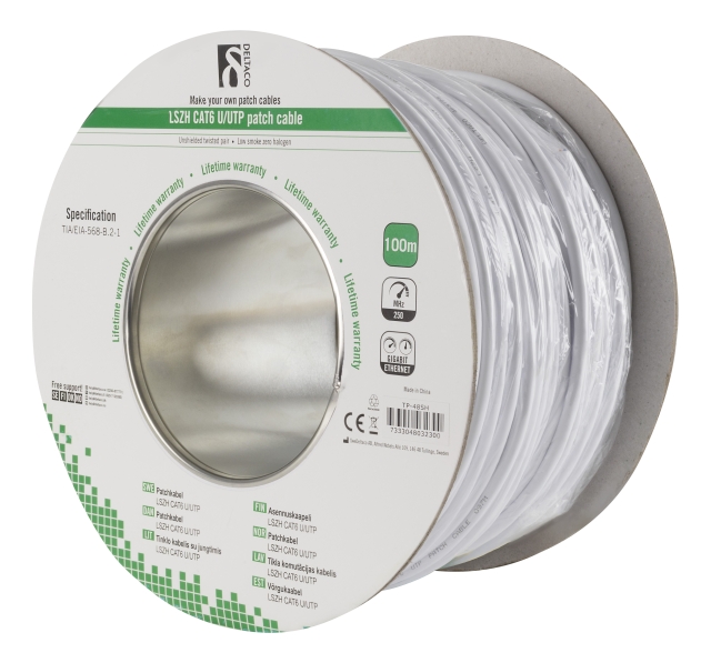 DELTACO U/UTP laitekaapeli, LSZH, Cat6, 100m, valkoinen