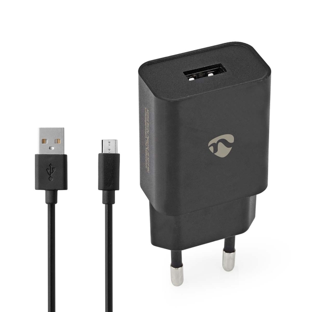 Nedis Seinälaturi | 12 W | Pikalataus-toiminto | 1x 2.1 A A | Lähtöliitäntöjen määrä: 1 | USB-A | Micro USB (irrallinen) Kaapeli | 1.00 m | Single Voltage Output | Musta