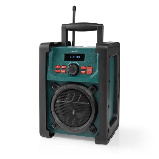 Nedis DAB+ Radio | Työmaaradio | DAB+ / FM | 2.2 " | Mustavalkoinen näyttö | Paristokäyttöinen / Verkkovirtakäyttöinen | Digitaalinen | 15 W | Bluetooth® | Herätyskello | Uniajastus | IP65 | Kantokahva | Musta / Vihreä