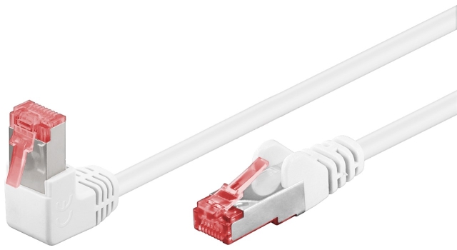 Goobay Patchkabel CAT 6, 1x 90° vinklad, S/FTP (PiMF), vit, 1 m kopparledare (CU), halogenfri kabelhölje (LSZH), snäpplås på toppen