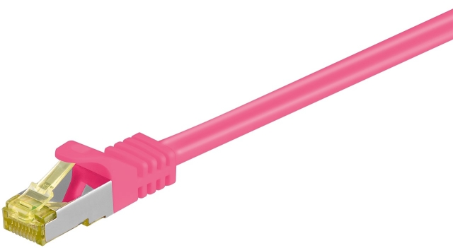 Goobay RJ45 patchkabel S/FTP (PiMF), 500 MHz, med CAT 7 råkabel, magenta, 7,5 m LSZH halogenfri kabelhölje, koppar, RJ45-kontakt (CAT 6A)