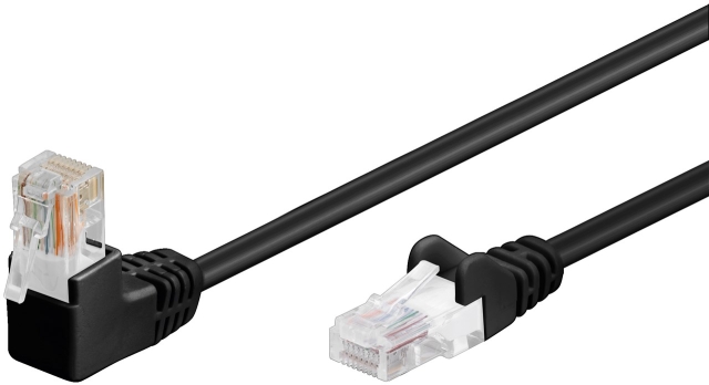 Goobay Patchkabel CAT 5e, 1x 90° vinklad, U/UTP, svart, 3 m kopparklädd aluminiumtråd (CCA), 1x RJ45-plugg 90 ° (8P8C)