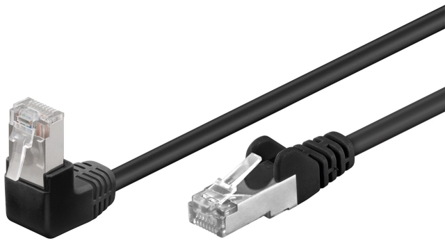 Goobay Patchkabel CAT 5e, 1x 90° vinklad, F/UTP, svart, 0,25 m kopparklädd aluminiumtråd (CCA), 1x RJ45-plugg 90 ° (8P8C)