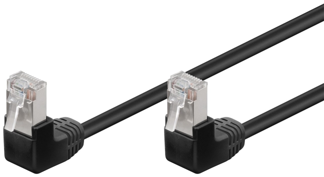 Goobay Patchkabel CAT 5e, 2x 90° vinklad, F/UTP, svart, 1 m kopparklädd aluminiumtråd (CCA), 2x RJ45-plugg 90 ° (8P8C)
