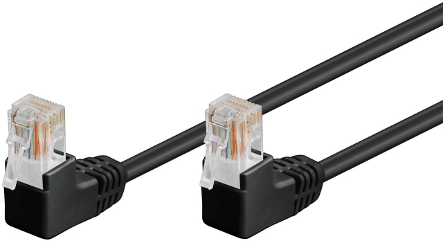 Goobay Patchkabel CAT 5e, 2x 90° vinklad, U/UTP, svart, 10 m kopparklädd aluminiumtråd (CCA), 2x RJ45-plugg 90 ° (8P8C)