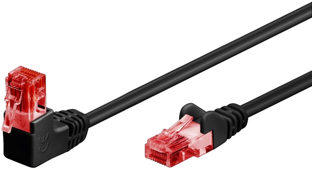 Goobay Patchkabel CAT 6, 1x 90° vinklad, U/UTP, svart kopparklädd aluminiumledare (CCA), snäpplås på toppen