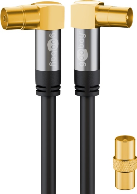 Goobay TV-antennkabel (135 dB), 4x skärmad guldpläterad, koaxial-uttag 90° > koaxial-plugg 90°