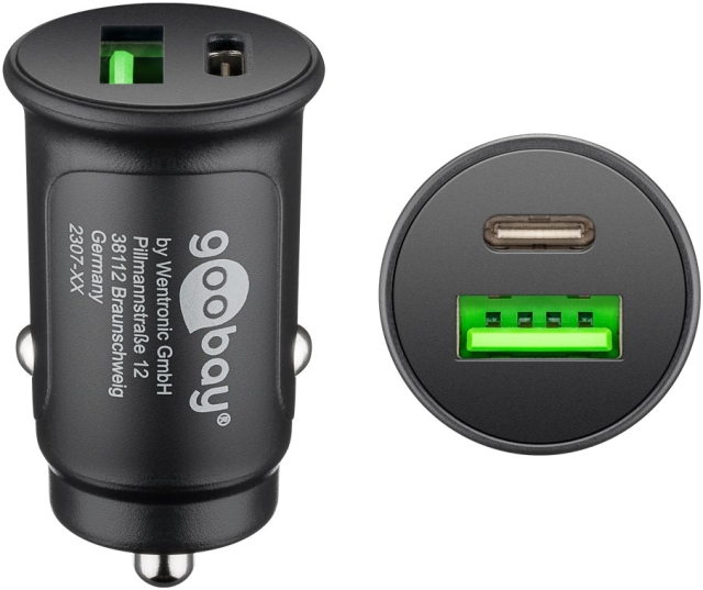 Goobay Dual-USB Auto Fast Charger USB-C™ PD (Power Delivery) (30 W) 30W (12/24V)lämplig för enheter med USB-C™ (Ström Delivery), såsom iPhone 12