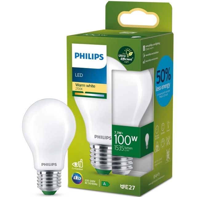 Philips LED E27 Normal 7,3W (100W) Frostad 1535lm 2700K Energiklass A