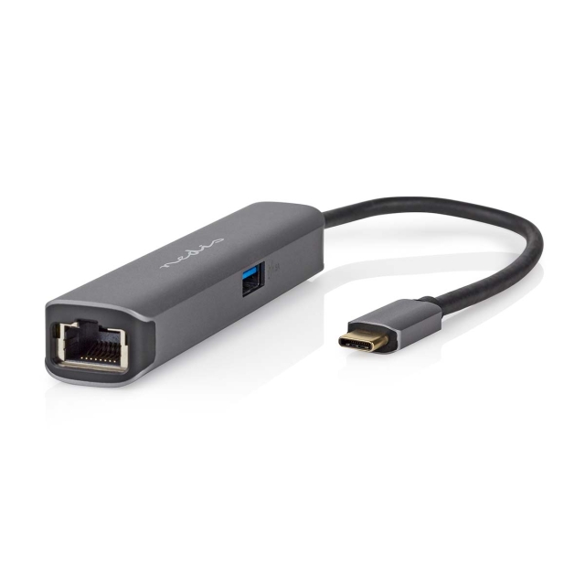 Nedis USB N Moniporttisovitin | 4-in-1 | USB 3.2 Gen 1 | USB-C™ Uros | HDMI™ Ulostulo / RJ45 Naaras / USB-A Naaras / USB-C™ Naaras | 5 Gbps | 0.20 m | Pyöreä | Kullattu | PVC | Antrasiitti | Laatikko