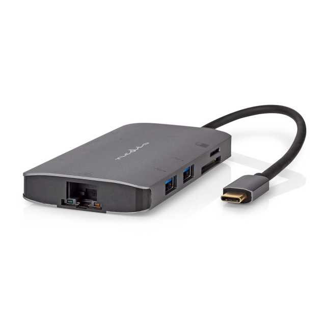 Nedis USB N Moniporttisovitin | 7-in-1 | USB 3.2 Gen 1 | USB-C™ Uros | HDMI™ Ulostulo / Micro SD / RJ45 Naaras / SD / USB-C™ Naaras / 3x USB-A Naaras | 5 Gbps | 0.20 m | Pyöreä | Kullattu | PVC | Antrasiitti | Laatikko