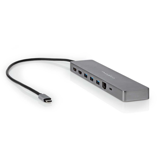 Nedis USB N Moniporttisovitin | 10-in-1 | USB 3.2 Gen 1 | USB-C™ Uros | Micro SD / RJ45 Naaras / SD / 2x HDMI™ / 2x USB-C™ / 3x USB-A Naaras | 0.40 m | Pyöreä | Kullattu | TPE | Antrasiitti | Laatikko