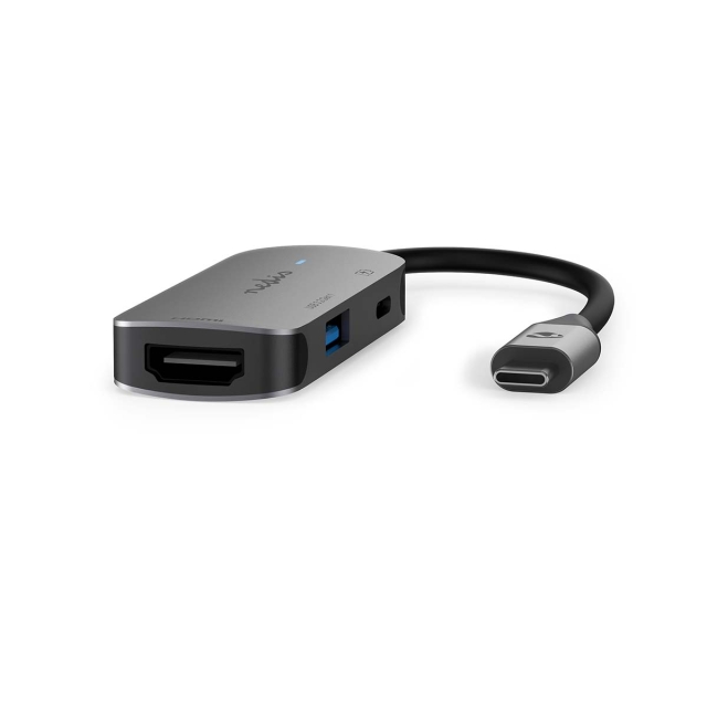 Nedis USB N Moniporttisovitin | 3-in-1 | USB 3.2 Gen 1 | USB-C™ Uros | HDMI™ Ulostulo / USB-A Naaras / USB-C™ Naaras | 5 Gbps | 0.10 m | Pyöreä | Niklattu | PVC | Harmaa | Laatikko