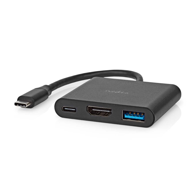 Nedis USB N Moniporttisovitin | 3-in-1 | USB 3.2 Gen 1 | USB-C™ Uros | HDMI™ Ulostulo / USB-A Naaras / USB-C™ Naaras | 5 Gbps | 0.10 m | Pyöreä | Niklattu | PVC | Musta | Laatikko