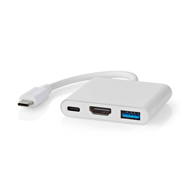 Nedis USB N Moniporttisovitin | 3-in-1 | USB 3.2 Gen 1 | USB-C™ Uros | HDMI™ Ulostulo / USB-A Naaras / USB-C™ Naaras | 5 Gbps | 0.10 m | Pyöreä | Niklattu | PVC | Valkoinen | Laatikko