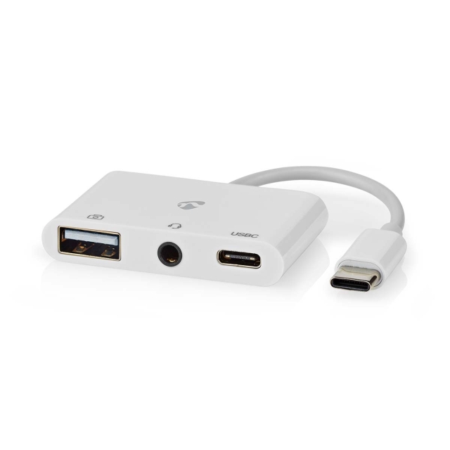 Nedis USB N Moniporttisovitin | 3-in-1 | USB 2.0 | USB-C™ Uros | USB-A Naaras / USB-C™ Naaras / 3.5 mm naaras | 480 Mbps | 0.10 m | Pyöreä | Niklattu | PVC | Valkoinen | Laatikko
