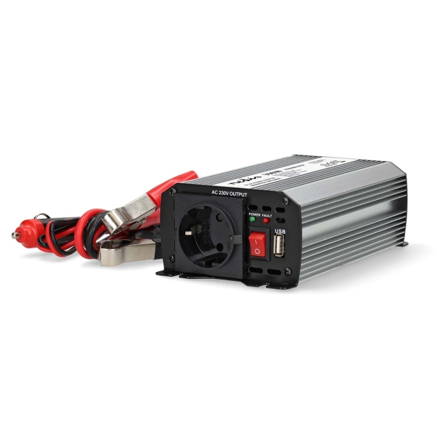 Nedis Invertteri Muunnettu Siniaalto | Tulojännite: 12 V DC | Laitteen lähtövirran liittimet: Type F (CEE 7/3) / USB-A | 230 V AC 50 Hz | 300 W | Lähtöliitännän huipputeho: 600 W | Paristokiinnikkeet + Tupakansytytin | Hopea
