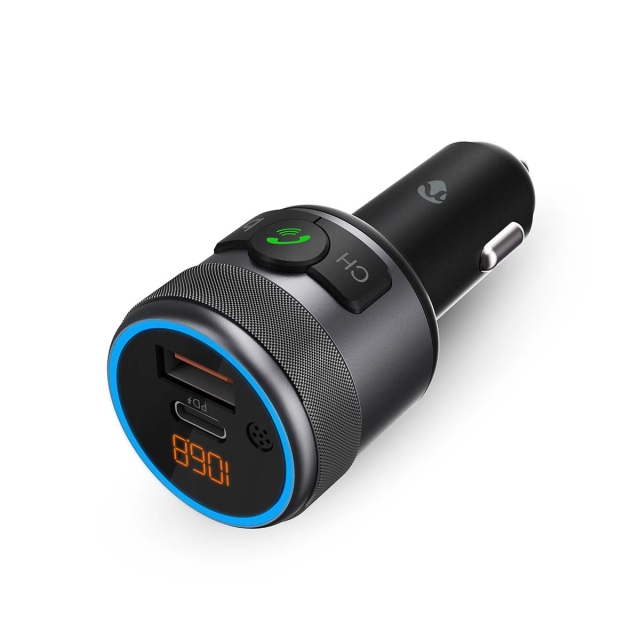 Nedis FM-lähetin Autoon | Kiinteä | Kaiutinpuhelin | 1 " | Amber -näyttö | Bluetooth® | PD 18 W / PD 24 W | Pikalataus | Bassokorostus | Google Assistant / Siri | Musta