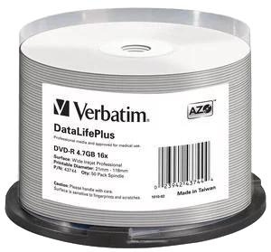 Verbatim DVD-R 16x, 4.7GB/120min, 50-pack spindel, Non ID, Inkjet