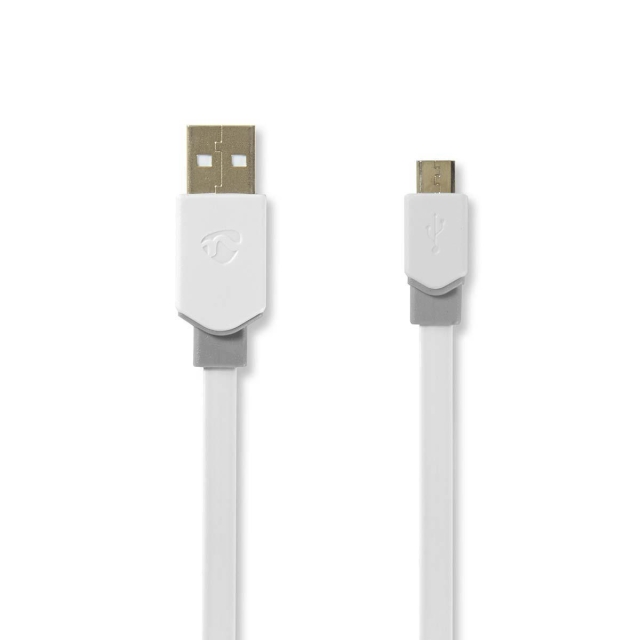 Nedis USB kaapeli | USB 2.0 | USB-A Uros | USB Micro-B Uros | 480 Mbps | Kullattu | 1.00 m | Litteä | PVC | Valkoinen | Muovipussi
