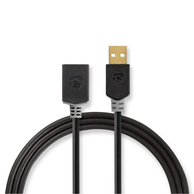 Nedis USB kaapeli | USB 2.0 | USB-A Uros | USB-A Naaras | 480 Mbps | Kullattu | 3.00 m | Pyöreä | PVC | Antrasiitti | Laatikko