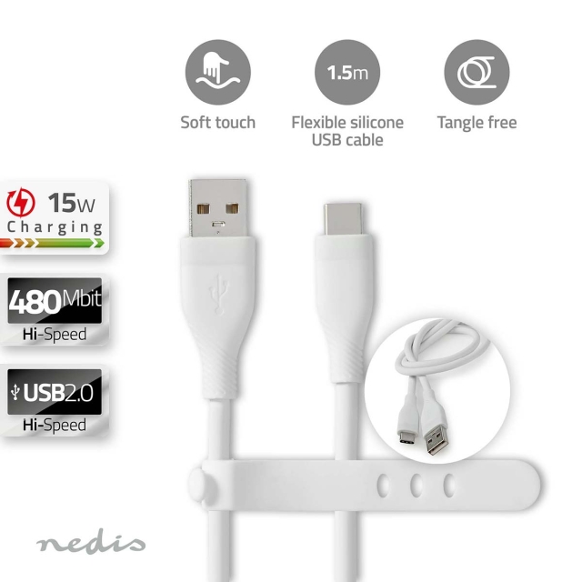 Nedis USB kaapeli | USB 2.0 | USB-A Uros | USB-C™ Uros | 15 W | 480 Mbps | Niklattu | 1.50 m | Pyöreä | Silikoni | Valkoinen | Laatikko