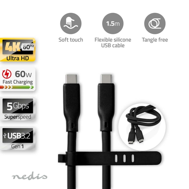 Nedis USB kaapeli | USB 3.2 Gen 1 | USB-C™ Uros | USB-C™ Uros | 60 W | 4K@30Hz | 5 Gbps | Niklattu | 1.50 m | Pyöreä | Silikoni | Musta | Laatikko