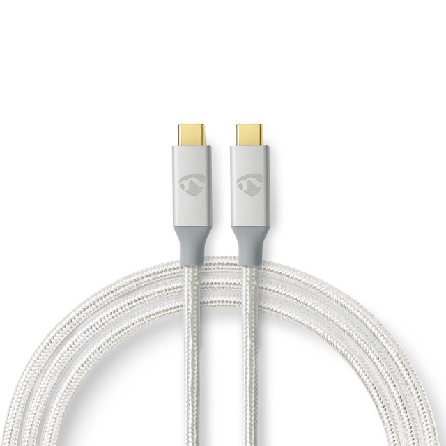 Nedis USB kaapeli | USB 3.2 Gen 2x2 | USB-C™ Uros | USB-C™ Uros | 100 W | 4K@60Hz | 20 Gbps | Kullattu | 2.00 m | Pyöreä | Nailon / Punottu | Hopea | Laatikko kannella ja ikkunalla