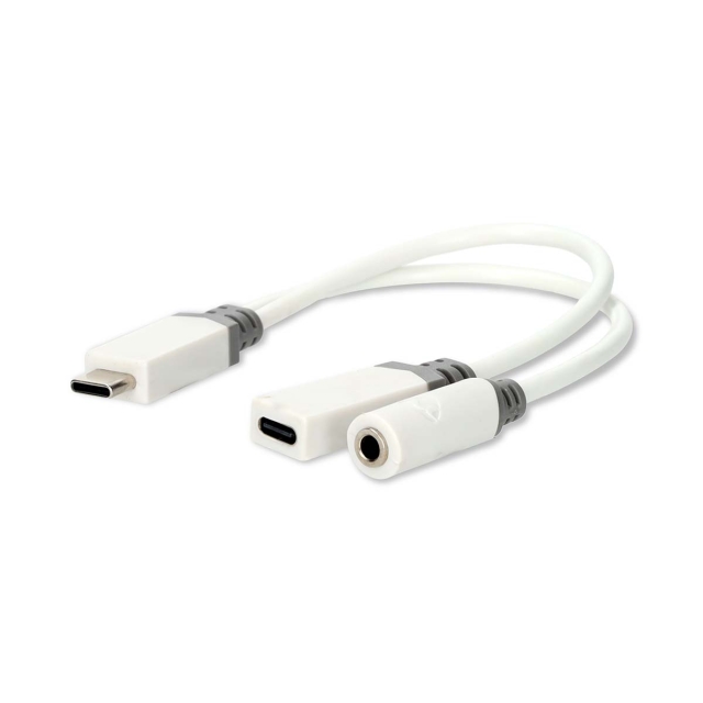 Nedis USB-C™ Sovitin | USB 2.0 | USB-C™ Uros | USB-C™ Naaras / 3.5 mm naaras | 0.10 m | Pyöreä | Kullattu | PVC | Valkoinen | Laatikko