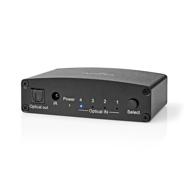 Nedis Digitaalinen Audiokytkin | 4-suuntainen | Audio- / video- / datayhteyksien syöttö: DC Power / 4x TosLink | Audio- / video- / datayhteyksien ulostulo: TosLink Female | Kaukosäädin / Ohjekirja / Painonappi | Metalli | Musta