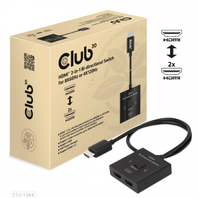 Club 3D HDMI 2-in-1 Bi-directional Switch for 8K60Hz or 4K120Hz