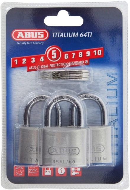 ABUS riippulukko 64TI/40, Titalium, 23 mm, triplapakkaus