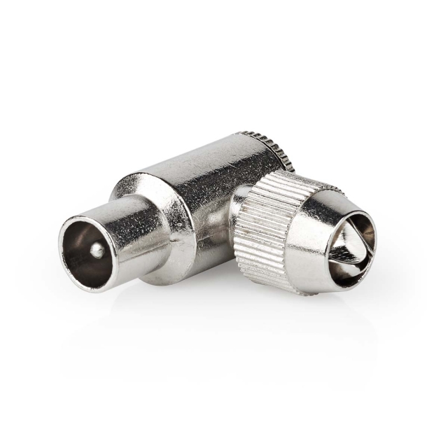 Nedis IEC (Coax) Liitin | Kulma, 90 ° | Uros | Niklattu | 75 Ohm | Ruuvi | Kaapelin läpitulomitta: 7.0 mm | Metalli | Hopea | 2 kpl | Laatikko