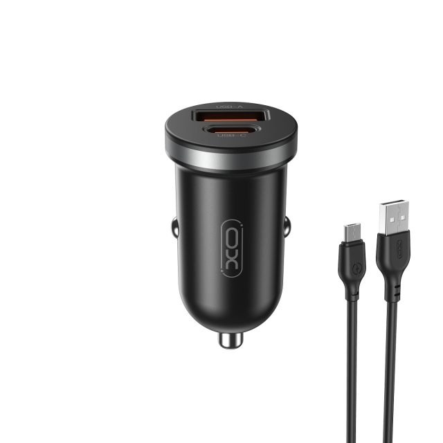 Xo autolaturi CC56 PD 30W QC 1x USB 1x USB-C musta + USB - microUSB kaapeli