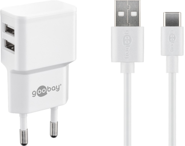 Goobay USB-C™ Dual Charging Kit (12 W) Virtalähde, jossa on 2x USB-liitäntää ja 1 m:n USB Type-C™ -kaapeli (valkoinen)