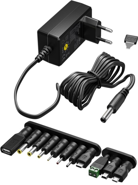 Goobay Universalnätdel 5 V - 15 V, max. 36 W / 1,0 A inkl. 11 adaptrar: 7 DC-adaptrar plus USB-C™, USB-A, USB Mini-B, Micro-USB och terminalblock